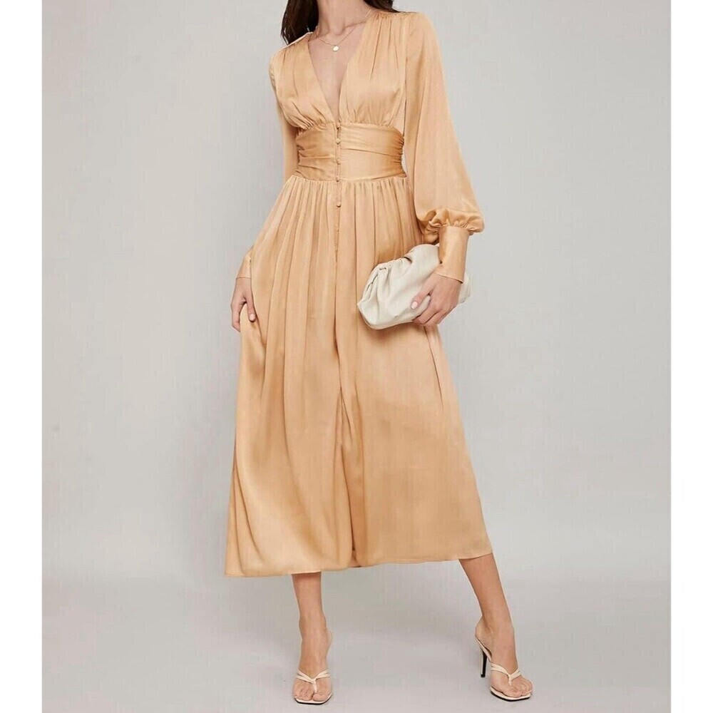 Maxi Dress Modern Ball Women Gowns Gold Casual Romantic Chic Flowy Moft L. — image 3 of 8